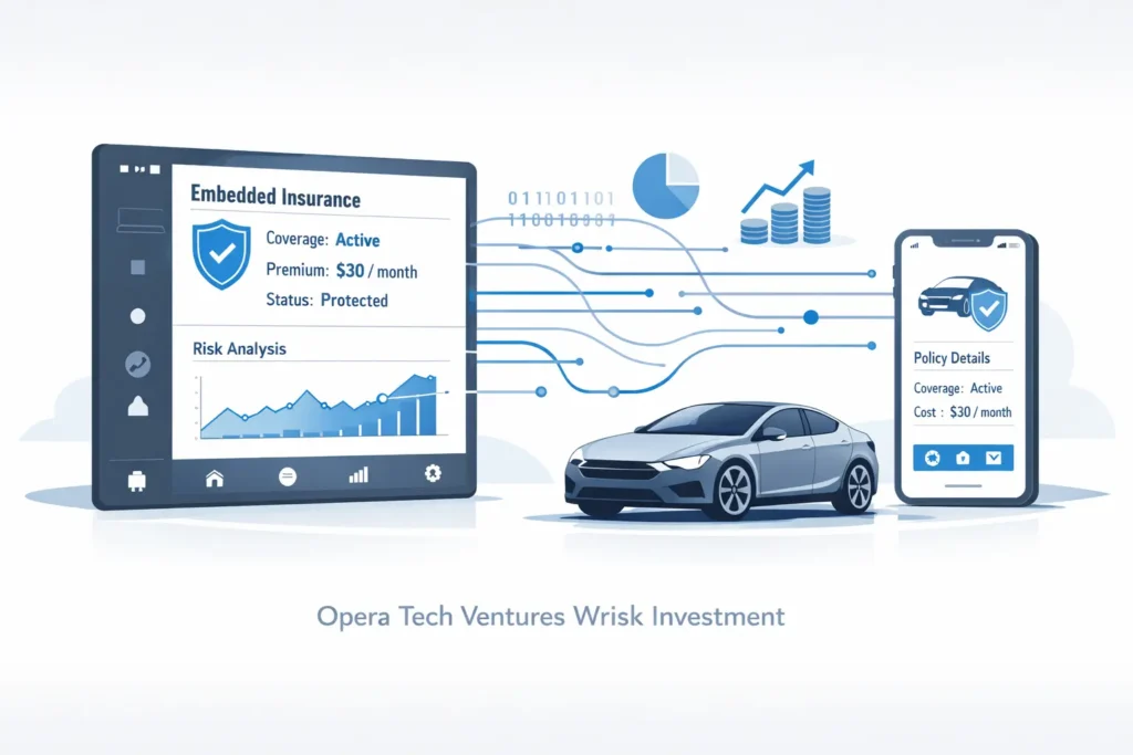 Opera Tech Ventures Wrisk investment concept showing embedded insurance and fintech integration in a modern digital interface